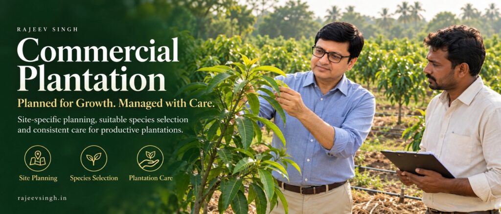 Rajeev Singh inspecting a commercial plantation with a focus on site planning species selection and plantation care