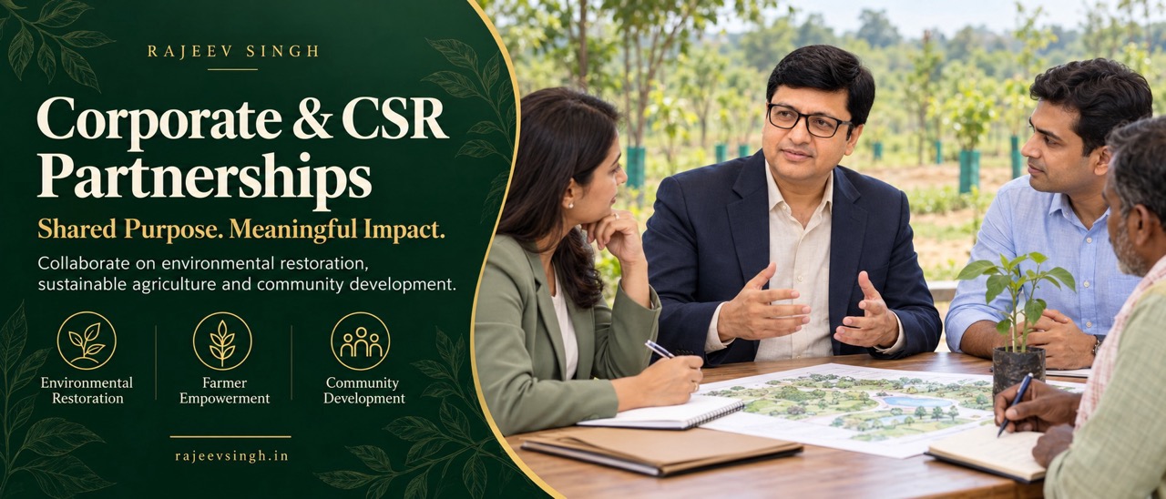Rajeev Singh discussing corporate and CSR partnerships focused on environmental restoration, sustainable agriculture, farmer empowerment and community development.