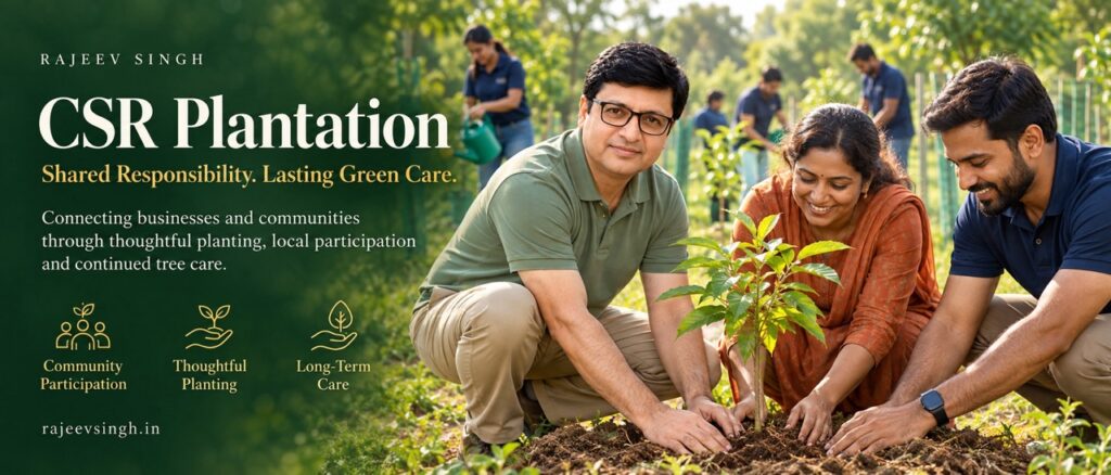 Rajeev Singh participating in a CSR plantation initiative with community members focused on thoughtful planting and long-term tree care