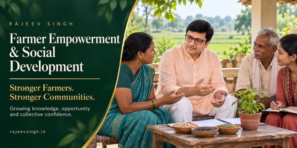 Rajeev Singh interacting with farmers in a rural setting, discussing agricultural practices, crop development, and community empowerment.