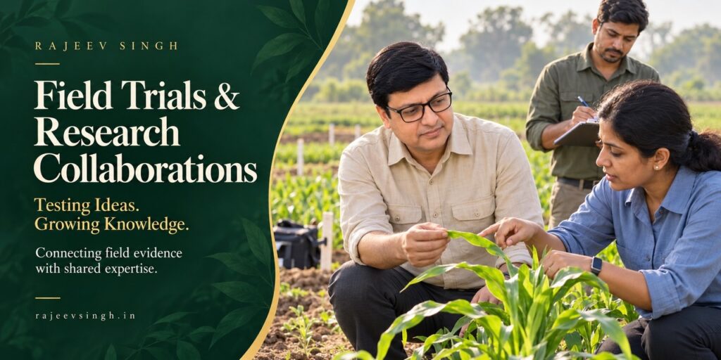 Rajeev Singh and agricultural researchers examining crop leaves during a field trial, promoting scientific collaboration, crop research, and evidence-based farming practices.