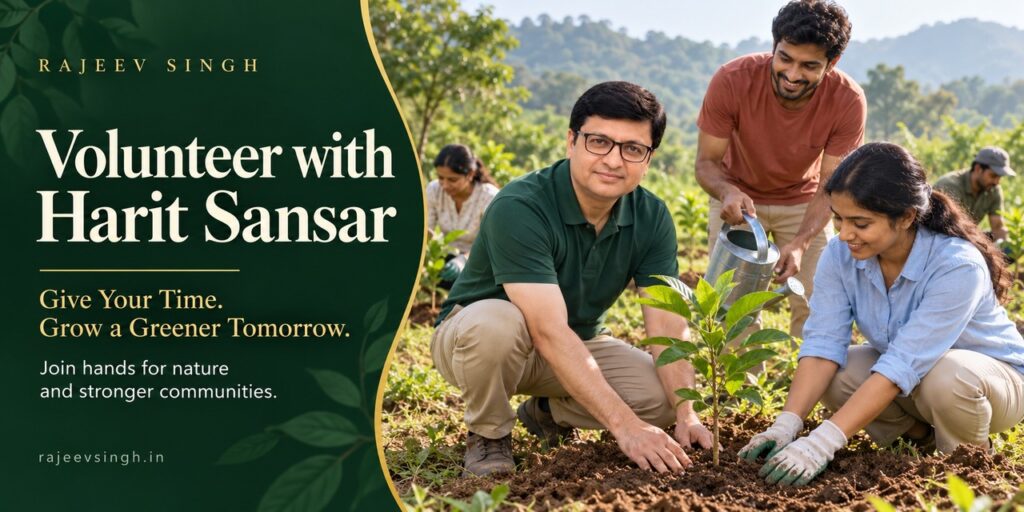 Rajeev Singh and community volunteers planting and watering a young tree as part of the Harit Sansar environmental initiative, promoting community participation, tree planting, and a greener future.