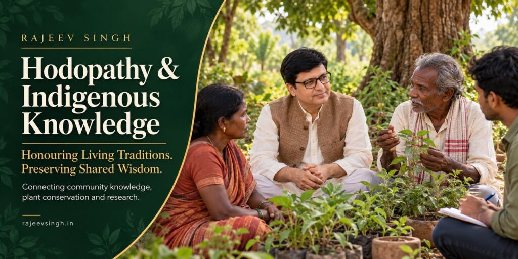 Rajeev Singh interacting with local community members beneath a tree, discussing traditional plant knowledge, indigenous practices, and plant conservation.