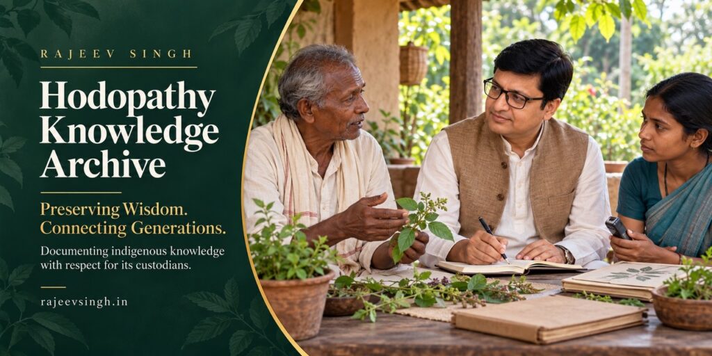 Rajeev Singh documenting traditional plant knowledge with an elderly community member and a female researcher, preserving indigenous wisdom and botanical knowledge for future generations.