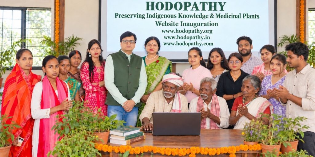 Rajeev Singh with Rimi Singh, Adivasi elders, traditional knowledge holders and community members at the inauguration of three Hodopathy websites in Giridih, Jharkhand, on 8 October 2026.