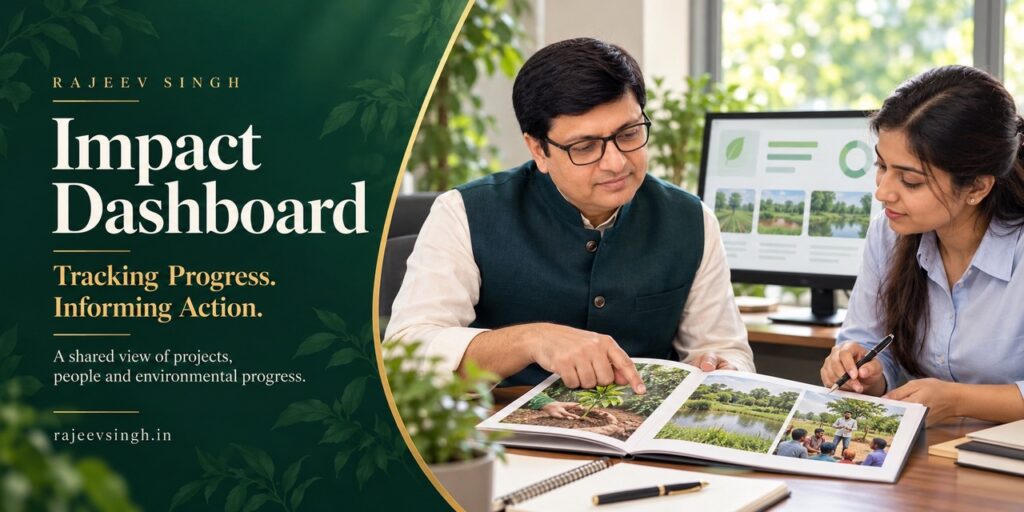 Rajeev Singh and a female researcher reviewing an impact dashboard and project photographs related to agriculture, environmental restoration, and community development.