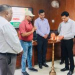 Rajeev Singh of Sansar Green lighting the ceremonial lamp with the Director of Agriculture, Jharkhand, and Director of SAMETI at the agriculture export workshop in Ranchi.