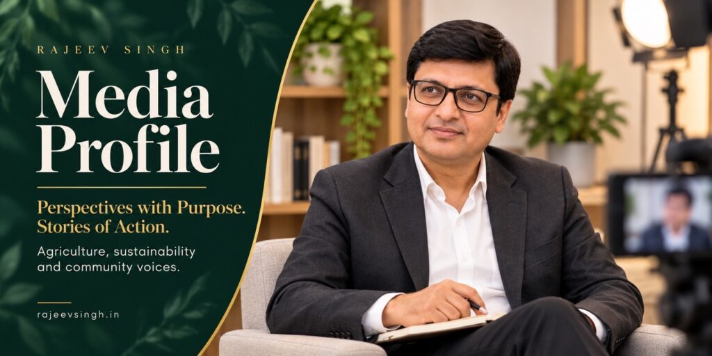 Rajeev Singh Media Profile banner featuring a professional portrait in a modern interview setting, highlighting agriculture, sustainability, and community voices.Perspectives with Purpose. Stories of Action. Rajeev Singh shares perspectives on agriculture, sustainability, and community development.