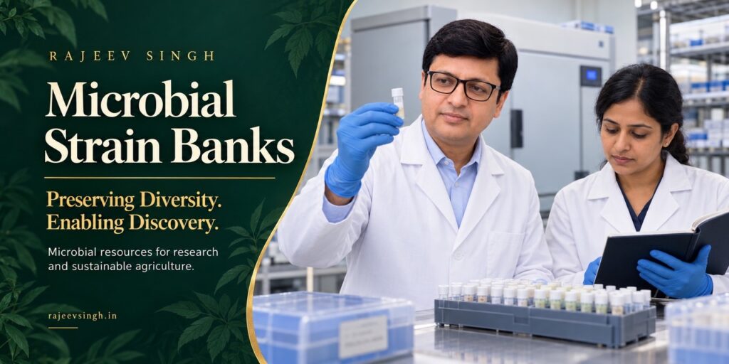 Rajeev Singh and a female laboratory researcher examining microbial sample vials in a laboratory, highlighting microbial strain preservation, scientific research, and sustainable agriculture.