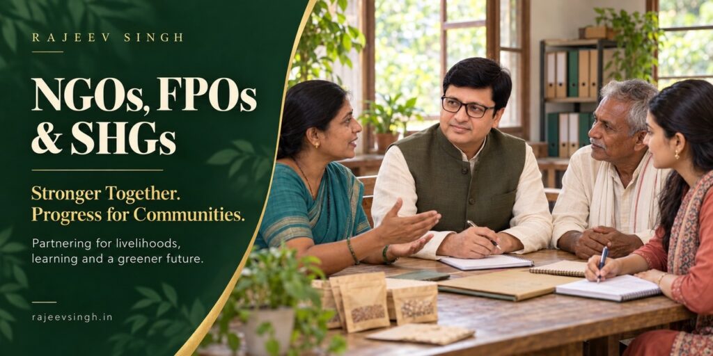 Rajeev Singh meeting with NGO, FPO, and SHG representatives to discuss rural development, sustainable livelihoods, community progress, and a greener future.