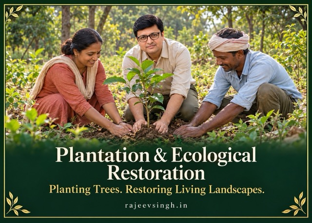 Illustration of Rajeev Singh planting a sapling with community members, with the heading Plantation & Ecological Restoration.