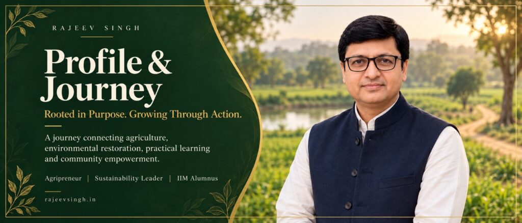 Portrait illustration of Rajeev Singh in a navy waistcoat and ivory kurta beside the heading Profile & Journey.