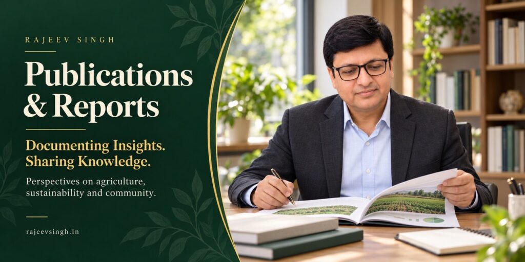 Rajeev Singh reviewing an illustrated agricultural report and taking notes at a desk, highlighting research publications, sustainability, and knowledge sharing.