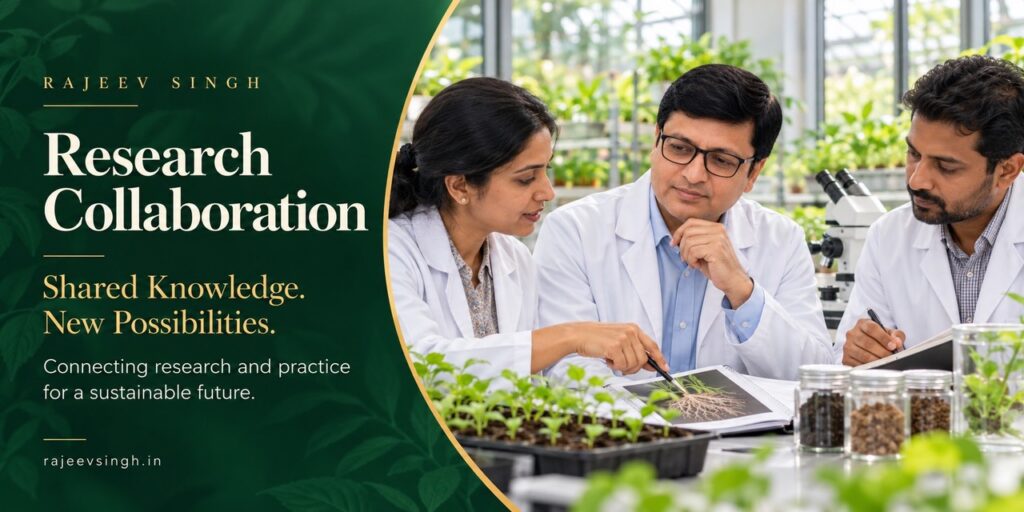 Rajeev Singh collaborating with researchers in a greenhouse laboratory, reviewing plant research and seedlings to promote scientific innovation, sustainable agriculture, and practical research applications.