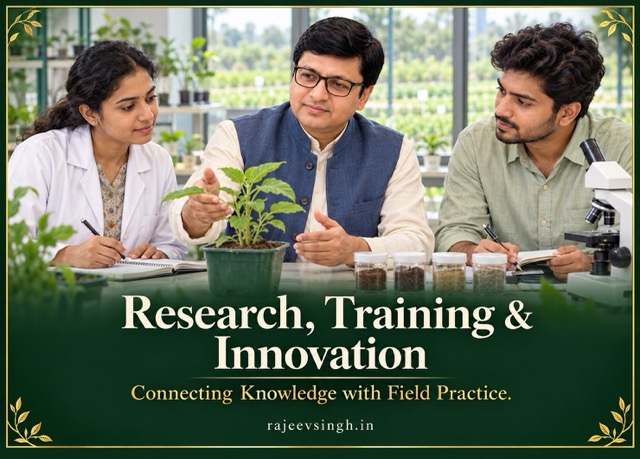 Illustration of Rajeev Singh explaining a crop seedling to two learners beside soil samples and a microscope.