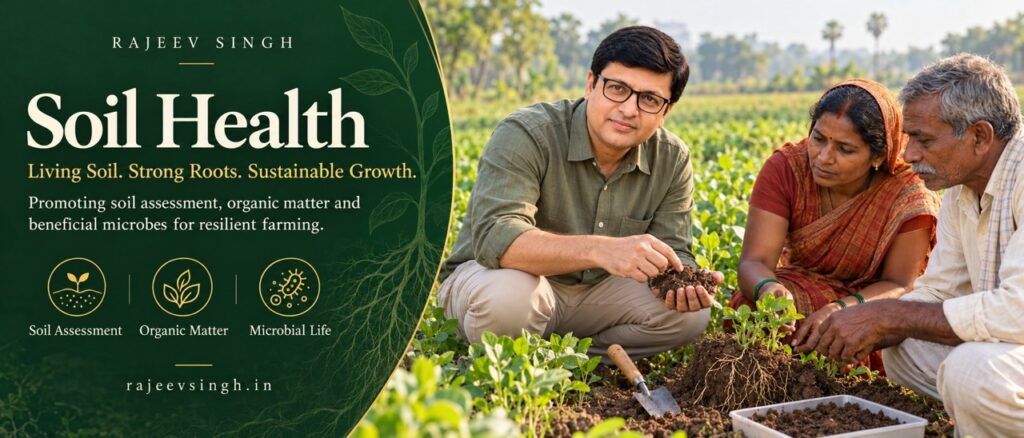 Rajeev Singh Soil Health banner showing soil assessment, organic matter and beneficial microbial life for resilient and sustainable farming.