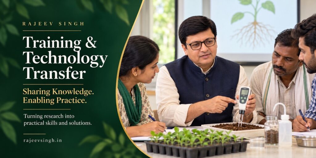Rajeev Singh demonstrating a digital soil testing device to farmers and trainees in an agricultural laboratory, promoting practical skills, knowledge sharing, and technology transfer.