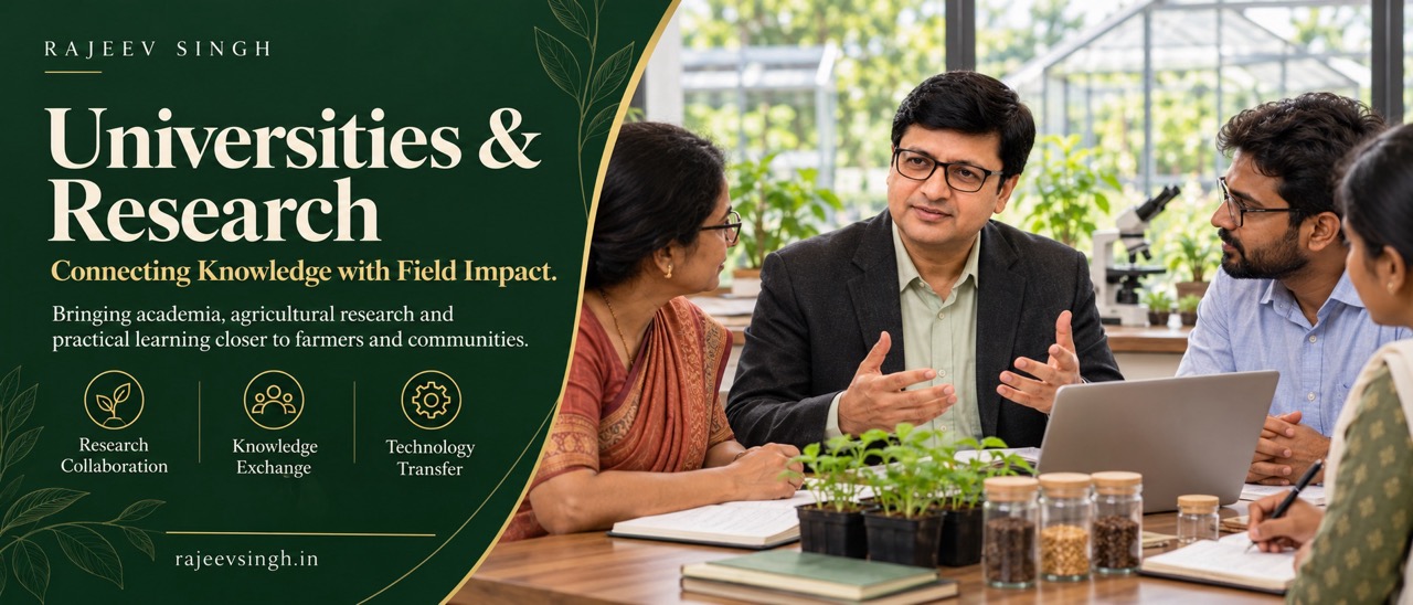 Rajeev Singh Universities and Research banner highlighting research collaboration, knowledge exchange and technology transfer for agriculture.