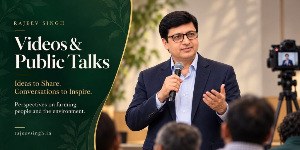 Rajeev Singh speaking into a microphone at a public event, sharing perspectives on agriculture, people, and the environment, with a video camera recording the presentation.