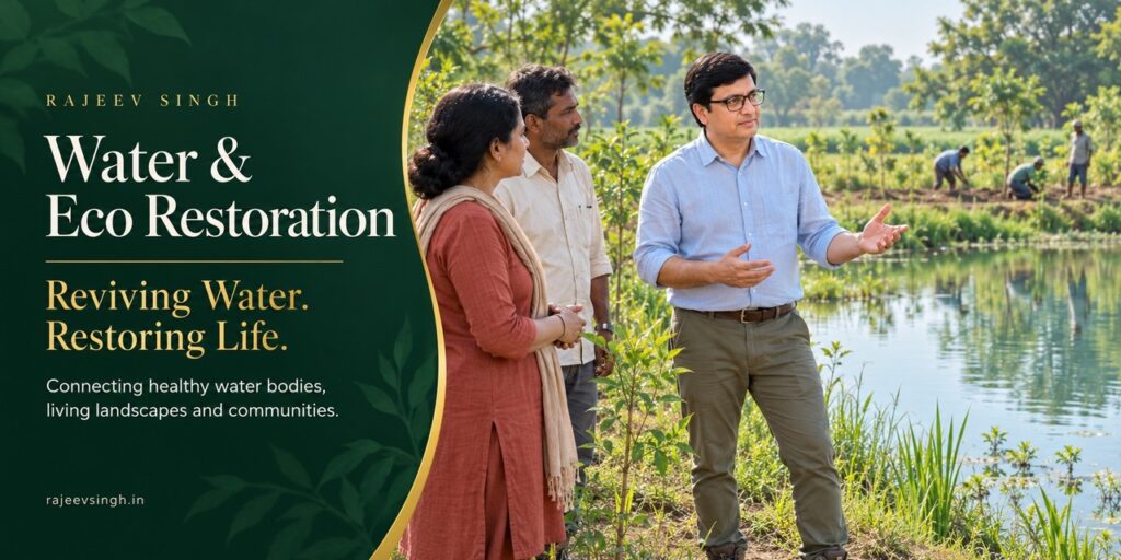 Rajeev Singh discussing water conservation and ecological restoration with community members beside a pond surrounded by green vegetation and agricultural fields.