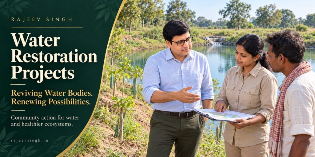 Rajeev Singh discussing a rural water restoration project with community members beside a pond, reviewing a site plan to support water conservation and ecosystem restoration.