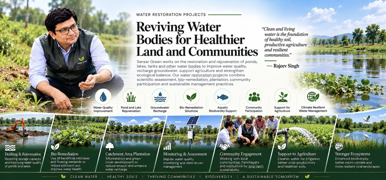 Rajeev Singh and Sansar Green working on water restoration projects focused on pond and lake rejuvenation, water quality improvement, groundwater recharge, bio-remediation, biodiversity protection, community participation and sustainable agriculture