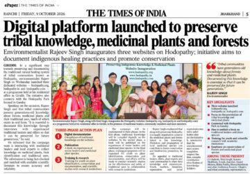 The Times of India Ranchi edition dated 9 October 2026 featuring Rajeev Singh’s launch of three Hodopathy websites in Giridih to preserve Adivasi medicinal knowledge, medicinal plants and forests.